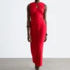 Robe midi à encolure en trou de serrure froncée