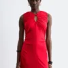 Robe midi à encolure en trou de serrure froncée