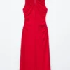 Robe midi à encolure en trou de serrure froncée