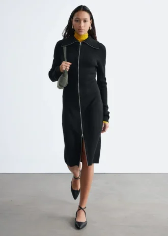 Robe midi à fermeture éclair sur le devant et à côtes